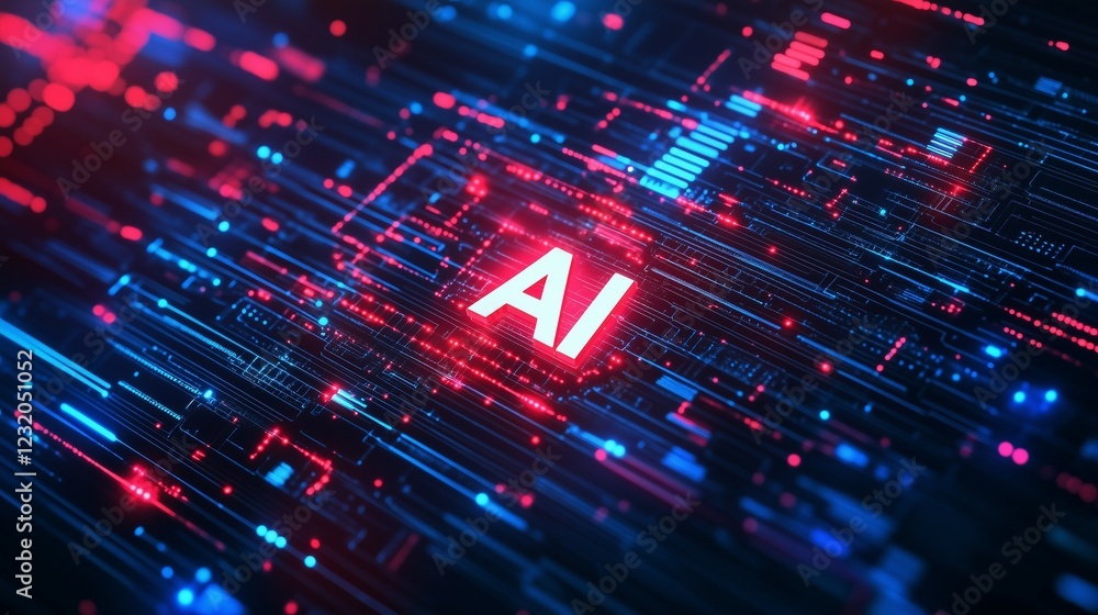 Aufkleber ai letters in the center of a futuristic background with glowing elements and connections, in a blue