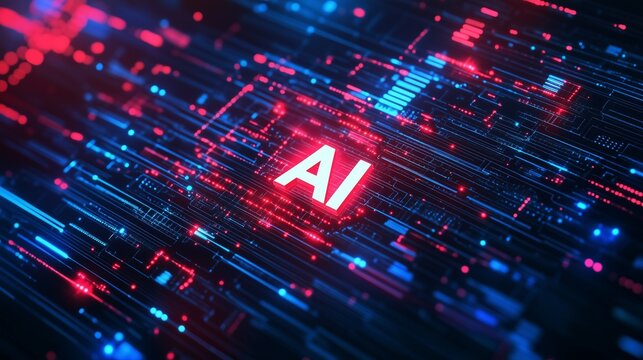 AI letters in the center of a futuristic background with glowing elements and connections, in a blue color scheme, a technology concept. "AI" text on a digital screen hologram