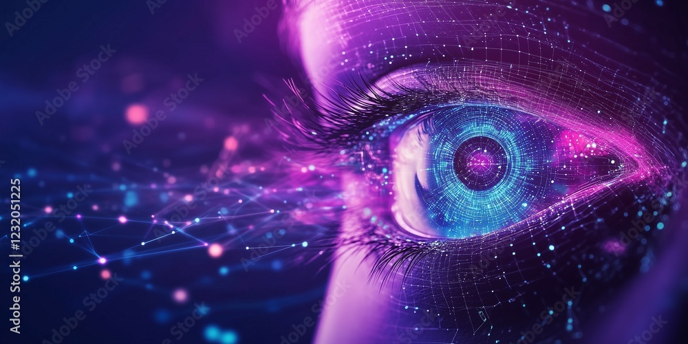 Poster photo of a holographic ai interface floating above the eye, with digital data flowing through it on 