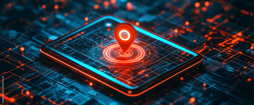 Poster Digital navigation map on a smartphone with a glowing location pin, symbolizing advanced geolocation technology and modern GPS services.