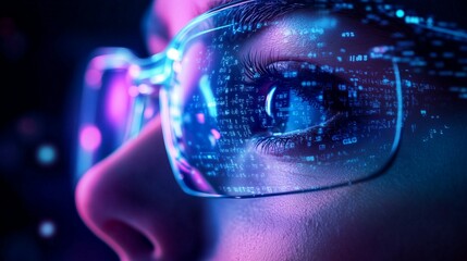 Photo of a holographic AI interface floating above the eye, with digital data flowing through it on a purple and blue background, representing advanced technology in business advertising