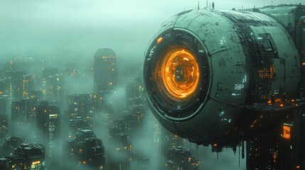 Futuristic Cityscape: A Giant Orb Hovering Over a Foggy Metropolis