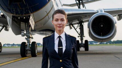 Professional female pilot standing confidently near aircraft, wearing crisp uniform, radiating leadership and expertise on airport runway during daylight hours - Powered by Adobe