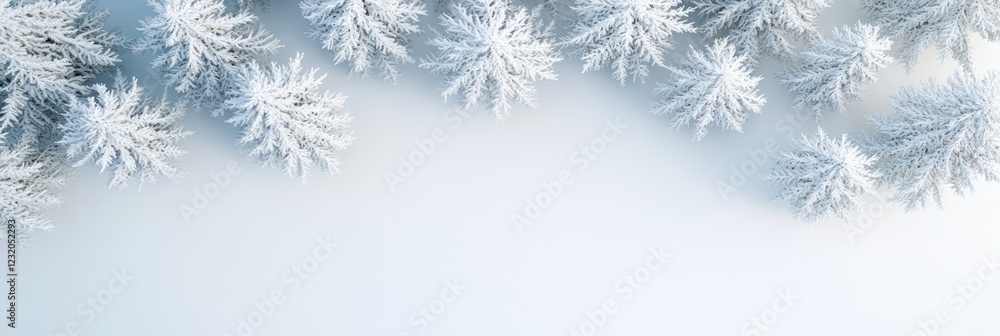 Poster snowy fir trees are creating a winter border on a light background, offering a serene and minimalist