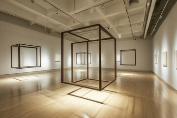 Fototapeta premium empty gallery with floating geometric frames casting dramatic shadows, minimalist white walls, modernist exhibition space, volumetric lighting