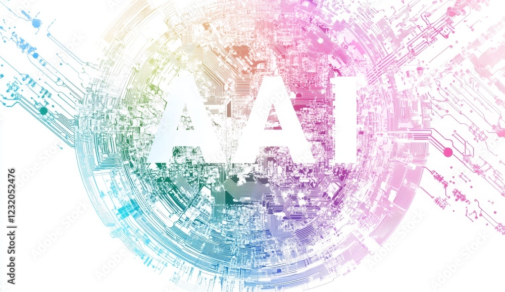 Poster ai technology concept, futuristic design with colorful circuit board and text.