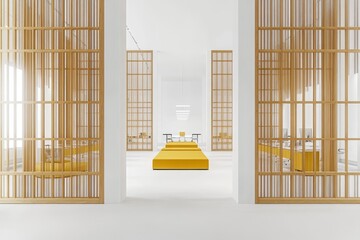 Minimalist white office interior with yellow seating and wooden dividers.