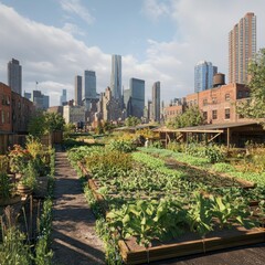 Fototapeta premium Urban rooftop garden with city skyline view.
