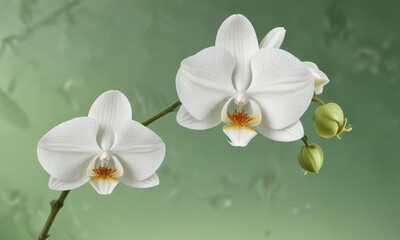 Obraz premium Delicate white orchid bloom on a soft green background, Elegant, Spring, Delicate, Alluring, Graceful
