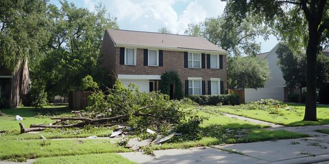 Storm damage, suburban home, tree debris, yard