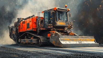 A heavy construction machine is used to pave an asphalt road.