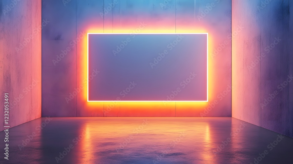Aufkleber Captivating minimalist glowing geometric frame against a vibrant abstract interior backdrop creating a striking futuristic and modern aesthetic  The clean lines contrasting colors