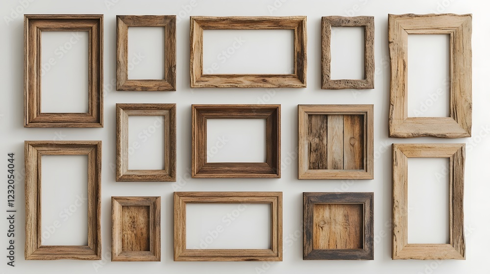Poster Collection of various vintage and rustic wooden picture frames arranged in a minimal and modern gallery wall display  Empty frames provide a simple and clean backdrop for showcasing artwork photos