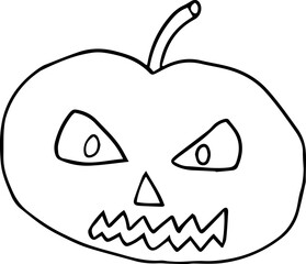 funny pumpkin with sharp teeth and evil eyes looks at the camera