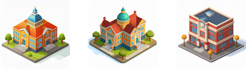Three isometric illustrations depict various buildings: a grand edifice with a dome, a charming building with a peaked roof, and a classic brick structure.