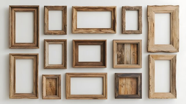 Collection of various vintage and rustic wooden picture frames arranged in a minimal and modern gallery wall display  Empty frames provide a simple and clean backdrop for showcasing artwork photos