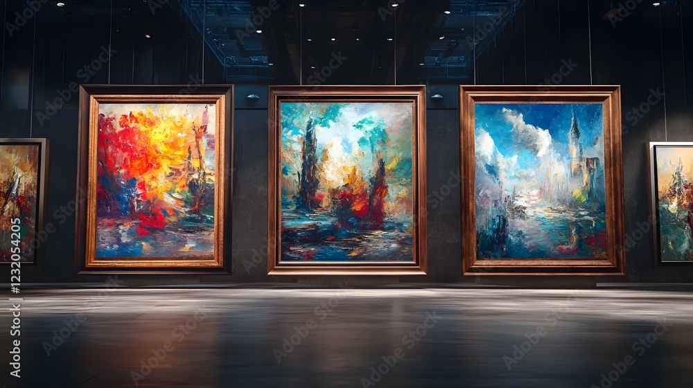 Poster colorful abstract paintings scenic landscapes and imaginative cityscapes displayed on the walls of a