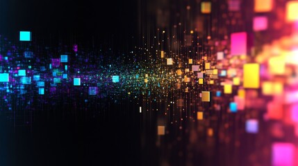 Colorful abstract digital representation showcasing vibrant squares and glowing particles in motion
