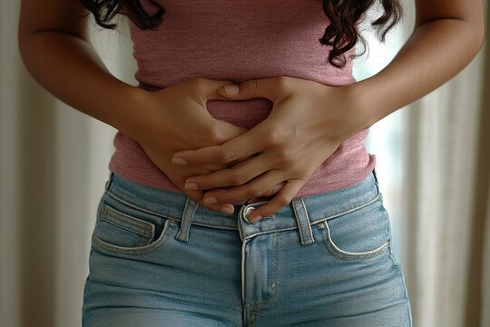 young woman gripping her stomach have abdominal pain
