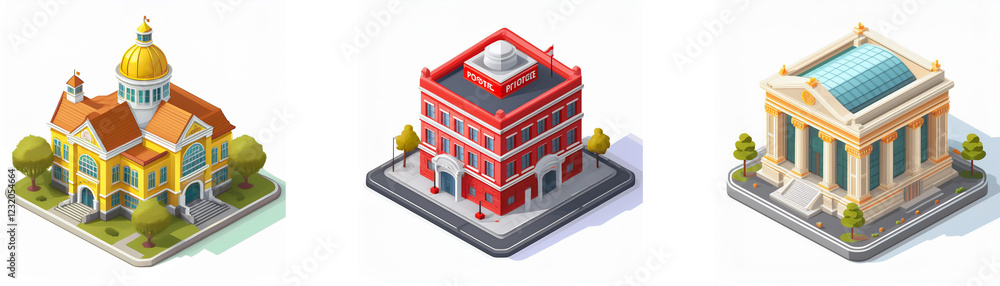 Poster isometric view of three distinct buildings: a yellow building with a dome, a red building, and a bei
