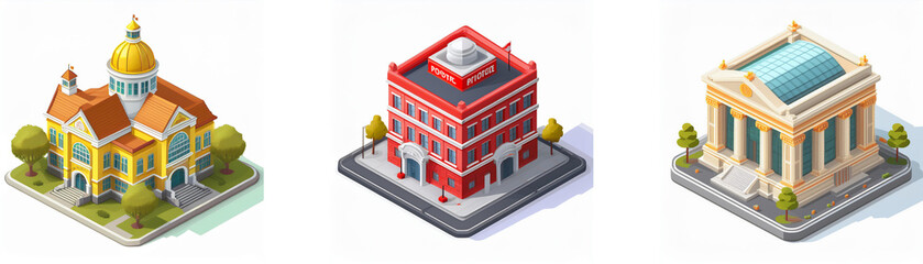 Isometric view of three distinct buildings: a yellow building with a dome, a red building, and a beige classical-style building.  Each sits on a small square plot with surrounding greenery.