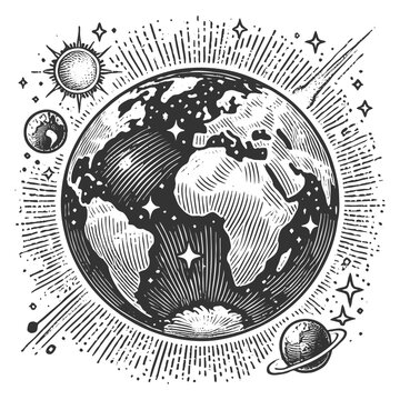engraved earth sun stars space scene clip art preview
