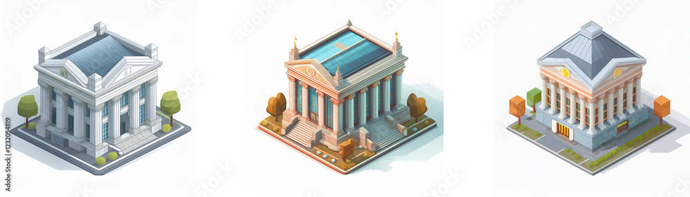 Poster isometric view of three classical-style buildings, each with variations in color and landscaping. su