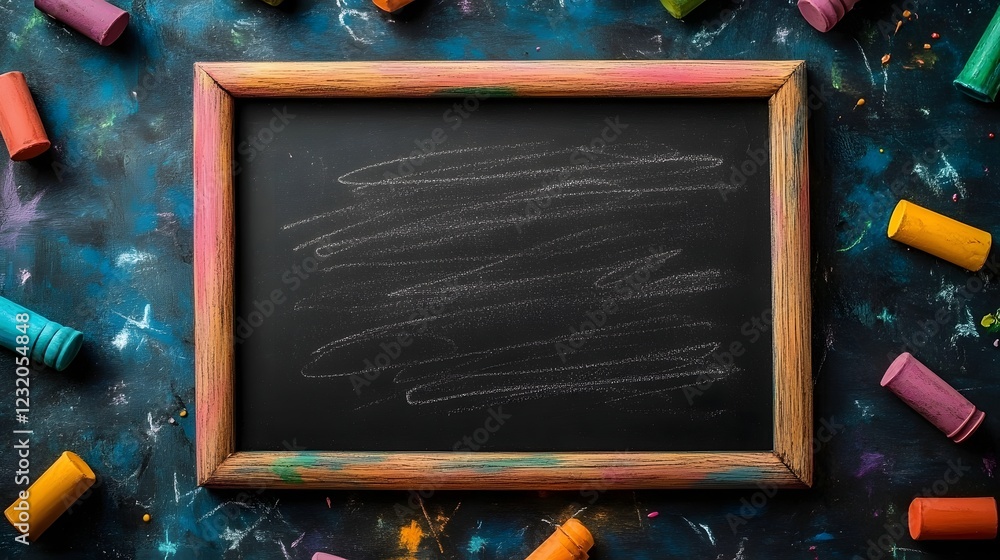 Poster Colorful art supplies such as chalk markers and crayons arranged on a chalkboard background with empty space for text or design  Conceptual image representing creativity education and the of ideas
