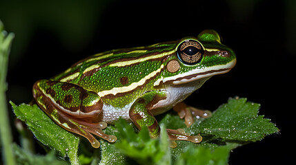 Obraz premium A vibrant green frog perched on a leaf, showcasing its striking stripes and glossy skin in a natural setting