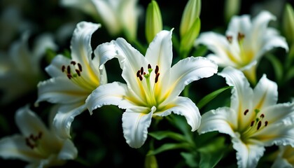 Fototapeta premium Elegant White Lilies Close Up Soft Light Green Background