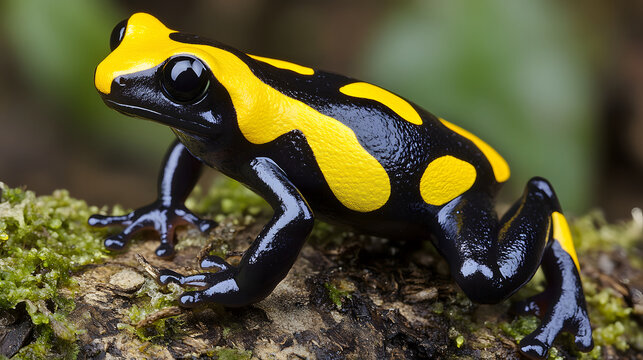 A vibrant black and yellow frog sits on moss, showcasing its striking coloration and intricate patterns, typical of poison dart frogs found in tropical habitats