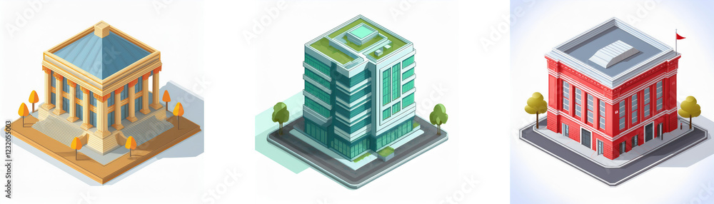 Poster isometric view of three different building types: a classical temple, a modern skyscraper, and a tra