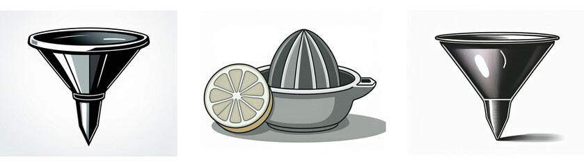 Set of three kitchen utensil icons: funnels and a citrus juicer.  Simple, monochrome illustrations of common cooking tools.