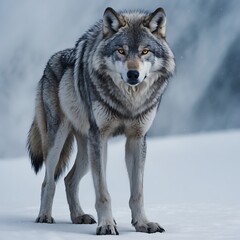 Obraz premium A Fierce Gray Wolf Standing with a Piercing Gaze on a White Background