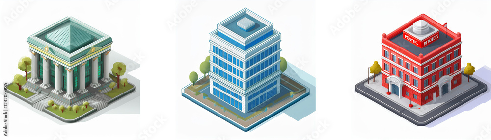 Poster isometric view of three diverse buildings: a classical structure, a modern skyscraper, and a histori