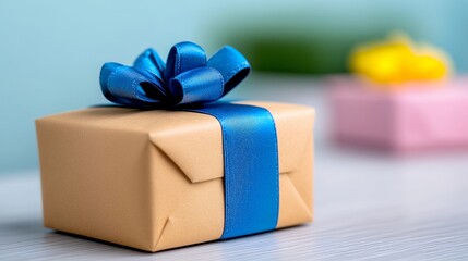 Obraz premium Small Gift Box With Blue Ribbon, Festive And Joyful Present