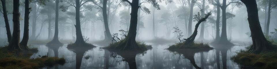 Obraz premium Dense fog surrounds trees in a misty forest swamp, swamp, forest landscape