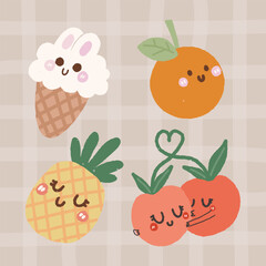 Summer Cartoon Fruits in Flat Style. Cute and Colorful Fruit Characters with Funny Expressions. Tutti Frutti Illustration for Kids, Prints, Stickers, and Decor.