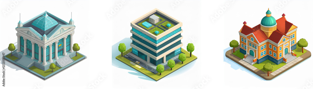 Poster isometric view of three different building styles: classical, modern, and historical. each building 
