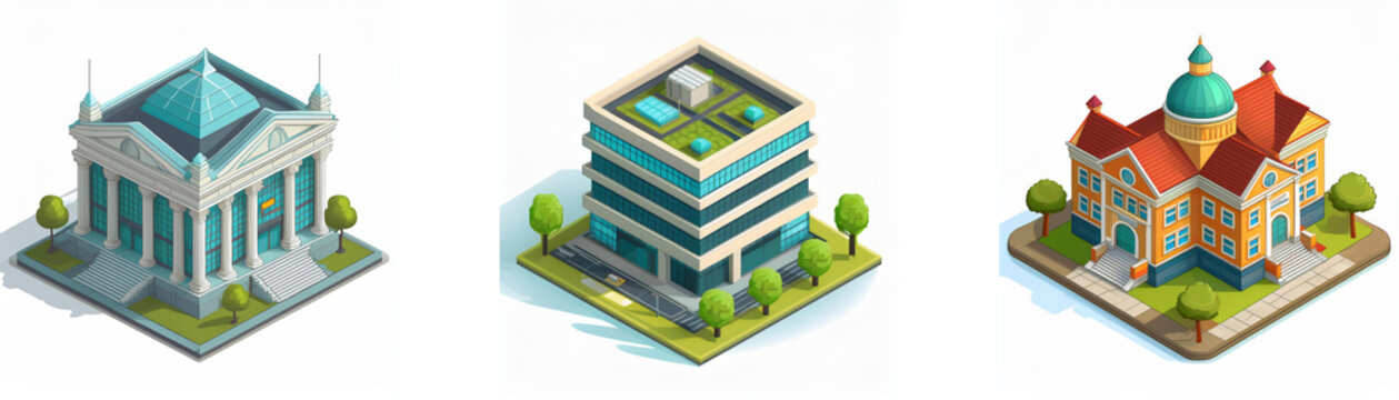 Isometric view of three different building styles: classical, modern, and historical.  Each building is surrounded by small trees.