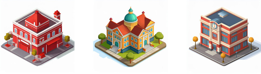 Fototapeta premium Isometric view of three city buildings: a fire station, a town hall, and an apartment building. Each is detailed and sits on a small city block.