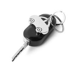 Car key with keychain isolated on white. Buying auto