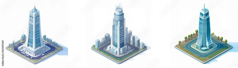 Poster isometric view of three modern skyscrapers, each situated on a square plot, surrounded by miniature 