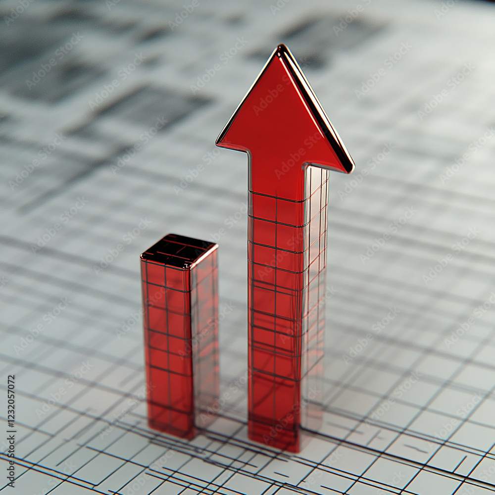 Poster a 3d red bar chart with an upward arrow, representing growth, success, and progress in business, fin
