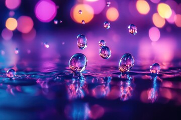 Glistening droplets of water suspended in a zero-gravity environment, refracting light into vibrant patterns.