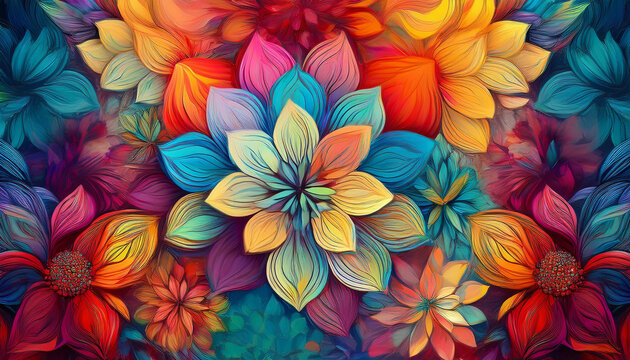 Rainbow colored flowers making up a colorful background wallpaper design