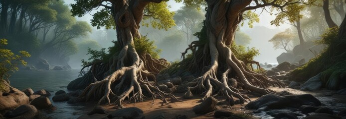 Dense forest overgrows rocky shoreline with twisted tree roots and gnarled trunks , oceanic terrain, tangled undergrowth