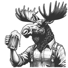 Moose Drinking Beer engraving vector illustration