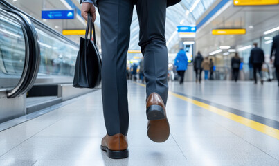 Fototapeta premium Businessman Walking in Modern Airport Terminal with Briefcase and Leather Shoes During Busy Travel Season in Urban Environment