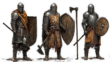 Medieval Helmet, Shield, and Battle Ax Vector. Helmet Armor, Wooden Guard and Sharp Wooden Handled Ax.